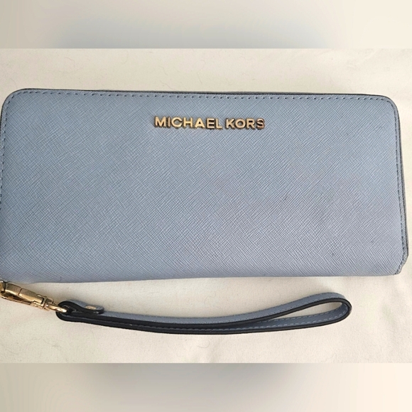 Michael Kors Long Zip Around Wallet Wristlet Powder Blue Clutch Hand Bag - Picture 1 of 9